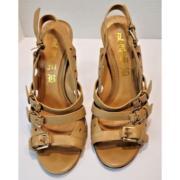 L.A.M.B. Tan High Heel Leather Strappy Sandals by Gwen Stefani sz 5.5 - Picture 1 of 14